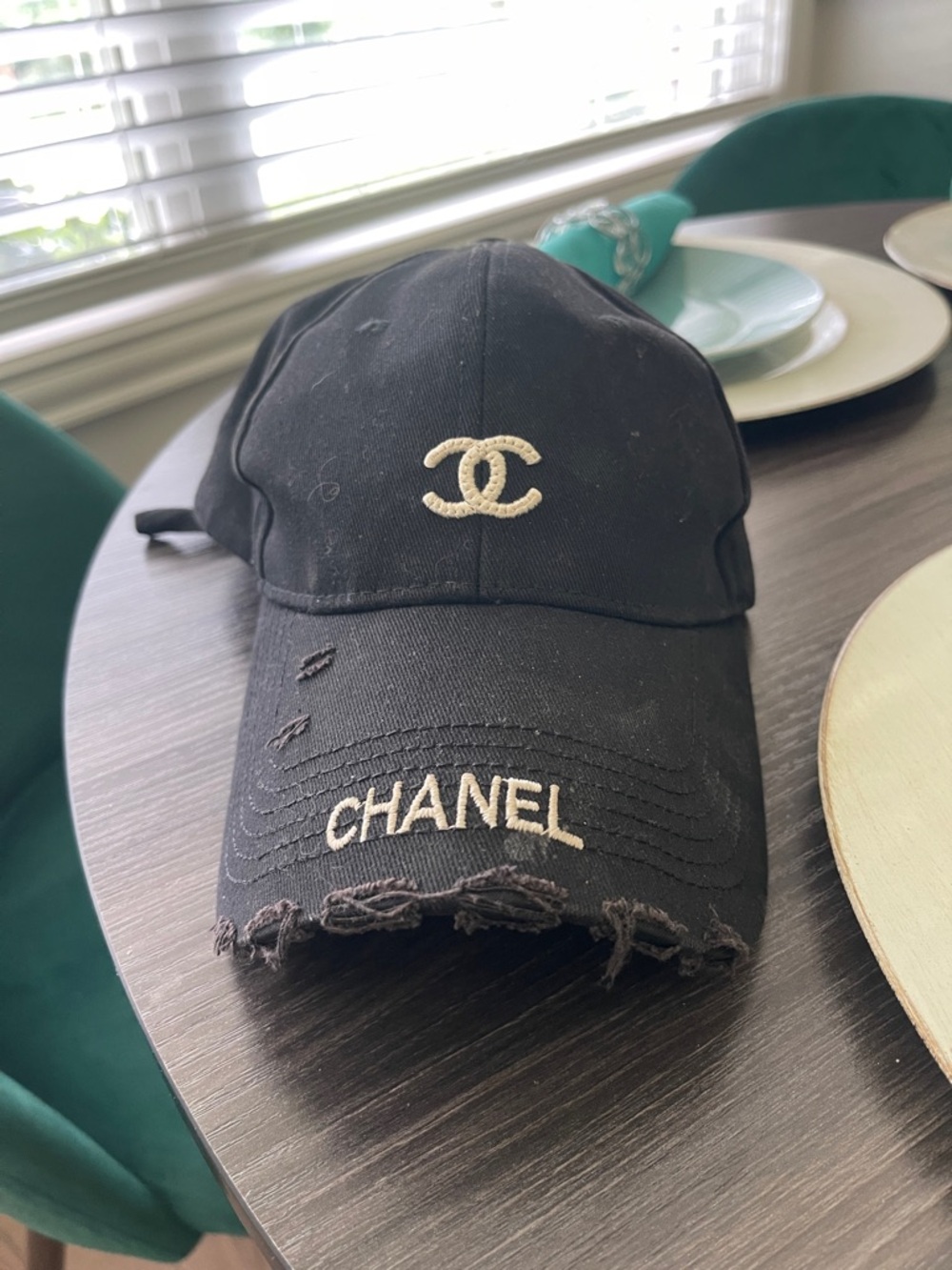 CHANEL Black Baseball Cap with Ivory CC Embroidery